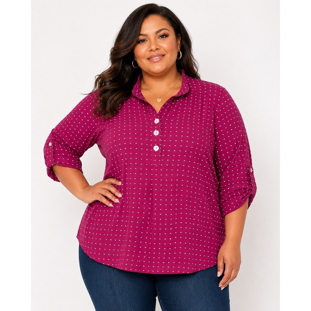 Appleseed's Woman Berry Pink Clip Dot Henley Blouse Roll Tab Sleeve Size 1X Work